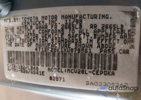 1999 Toyota Camry Xle V6 z USA, uszkodzony, nr VIN 4T1BF28K1XU078861